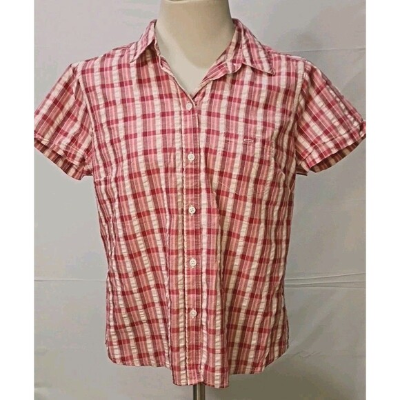 Eddie Bauer Shirt Women's Button Down Short Sleeve Plaid Pink Size Large - Picture 1 of 11